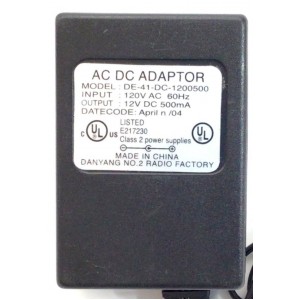 CARGADOR / ADAPTADOR DE FUENTE DE ALIMENTACION AC/DC SLLEA / NUMERO DE PARTE DE-41-DC-1200500 / ENTRADA VCA 120V~ 60HZ / SALIDA VCD 12V 500MA / E217230 / MODELO DE-41-DC-1200500